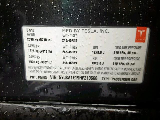 5YJSA1E19HF210560 - 2017 TESLA MODEL S GRAY photo 10