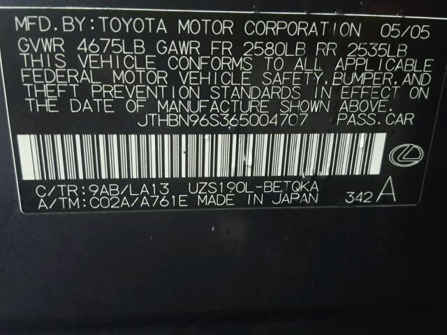 JTHBN96S365004707 - 2006 LEXUS GS GENERAT GRAY photo 10