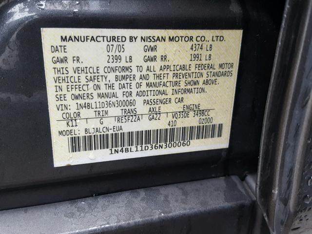 1N4BL11D36N300060 - 2006 NISSAN ALTIMA SE GRAY photo 10