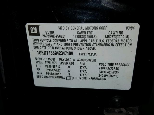 1GKDT13S942347109 - 2004 GMC ENVOY BLACK photo 10