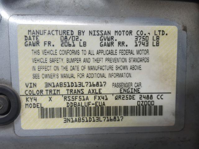 3N1AB51D13L716817 - 2003 NISSAN SENTRA SE- SILVER photo 10