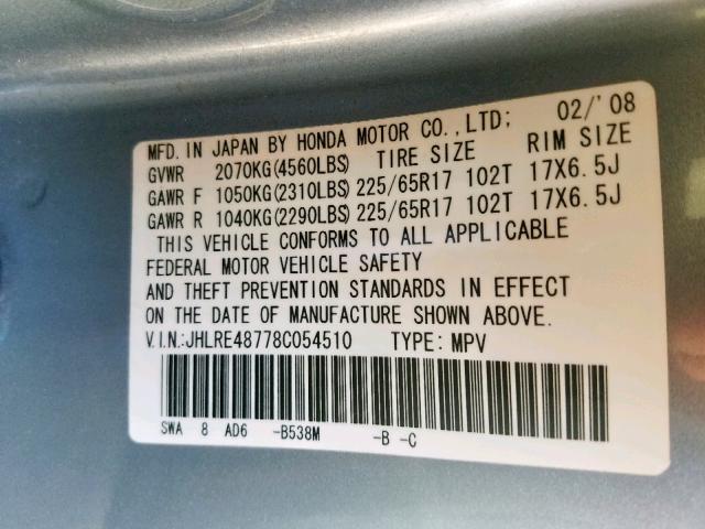 JHLRE48778C054510 - 2008 HONDA CR-V EXL BLUE photo 10