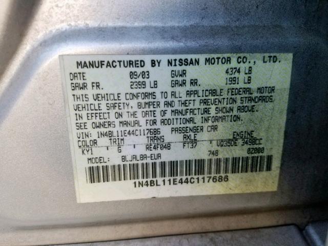 1N4BL11E44C117686 - 2004 NISSAN ALTIMA SE SILVER photo 10