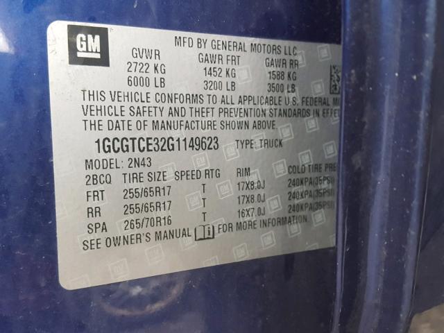 1GCGTCE32G1149623 - 2016 CHEVROLET COLORADO L BLUE photo 10