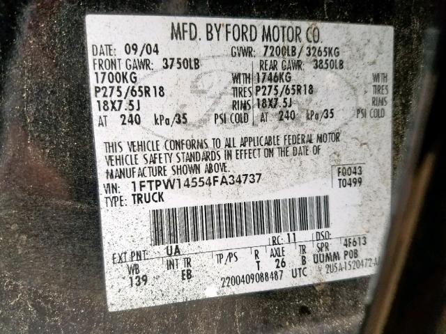 1FTPW14554FA34737 - 2004 FORD F150 SUPER BLACK photo 10