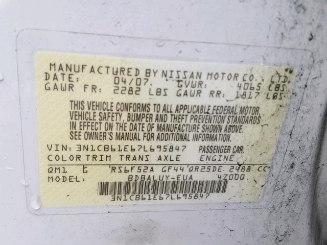 3N1CB61E67L695847 - 2007 NISSAN SENTRA SE- WHITE photo 10