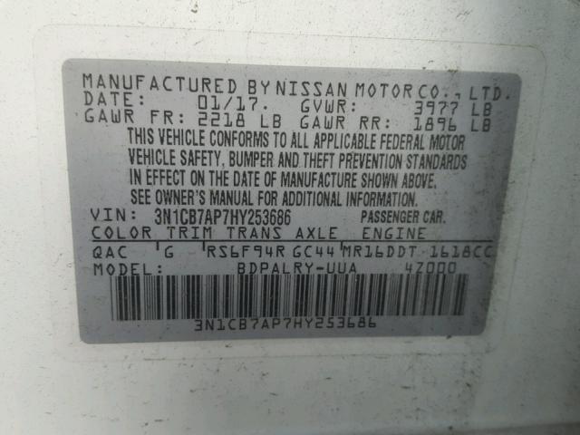 3N1CB7AP7HY253686 - 2017 NISSAN SENTRA SR WHITE photo 10