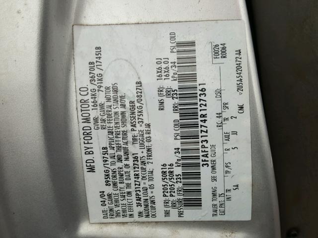 3FAFP31Z74R127361 - 2004 FORD FOCUS ZX3 SILVER photo 10