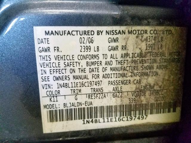 1N4BL11E16C197497 - 2006 NISSAN ALTIMA SE CHARCOAL photo 10