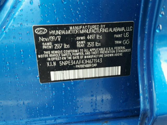 5NPE34AF4JH671943 - 2018 HYUNDAI SONATA SPO BLUE photo 10