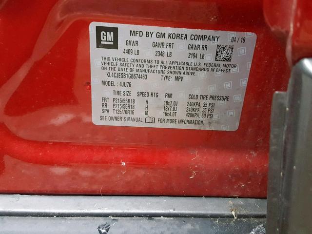 KL4CJESB1GB674463 - 2016 BUICK ENCORE RED photo 10