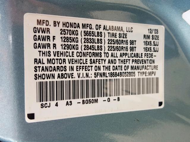 5FNRL18684B052805 - 2004 HONDA ODYSSEY EX TEAL photo 10