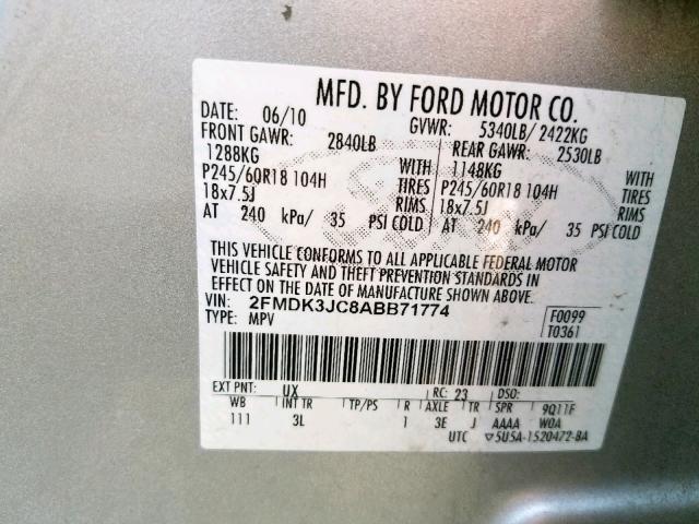 2FMDK3JC8ABB71774 - 2010 FORD EDGE SEL SILVER photo 10