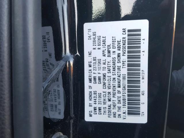 19UUB1F51GA011860 - 2016 ACURA TLX TECH შავი ფოტო 10