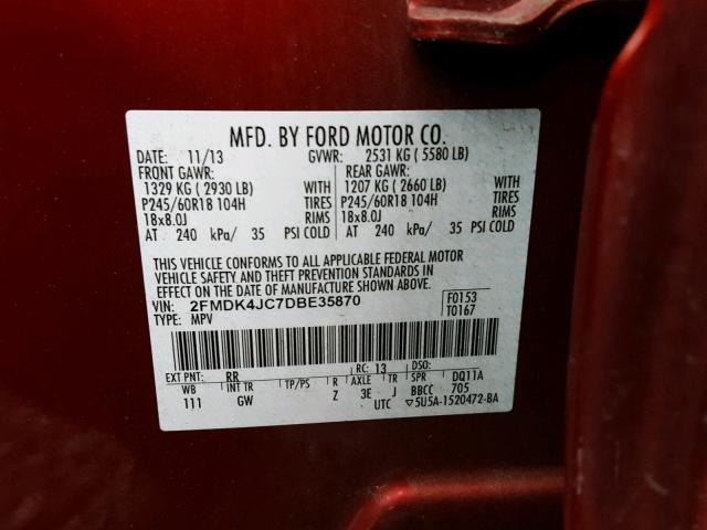 2FMDK4JC7DBE35870 - 2013 FORD EDGE SEL BURGUNDY photo 10