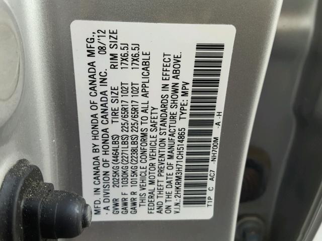 2HKRM3H71CH514865 - 2012 HONDA CR-V EXL SILVER photo 10