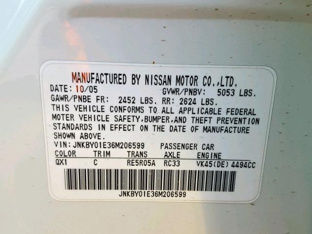 JNKBY01E36M206599 - 2006 INFINITI M45 BASE WHITE photo 10