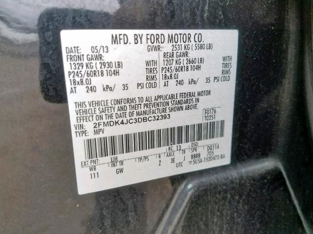 2FMDK4JC3DBC32393 - 2013 FORD EDGE SEL BLACK photo 10