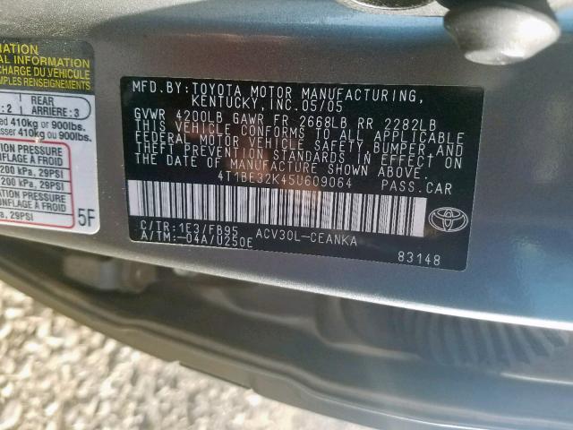 4T1BE32K45U609064 - 2005 TOYOTA CAMRY LE GRAY photo 10