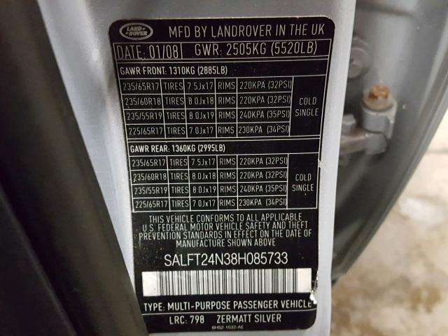 SALFT24N38H085733 - 2008 LAND ROVER LR2 HSE TE SILVER photo 10