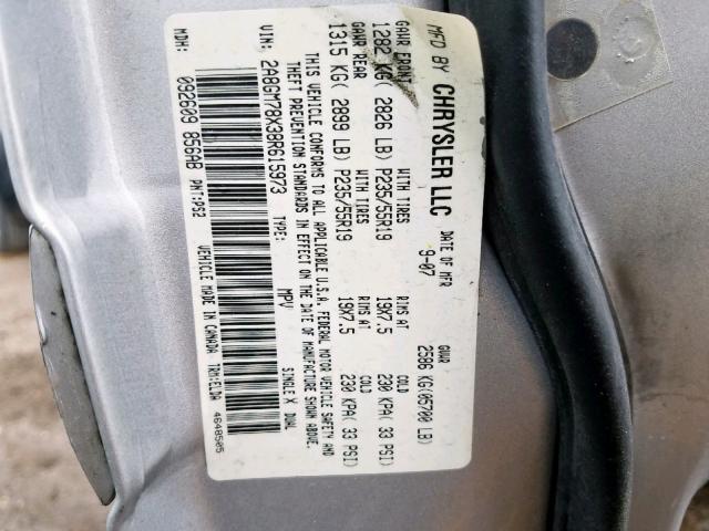 2A8GM78X38R615973 - 2008 CHRYSLER PACIFICA L SILVER photo 10