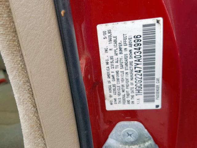 1HGCG2247YA034996 - 2000 HONDA ACCORD LX RED photo 10