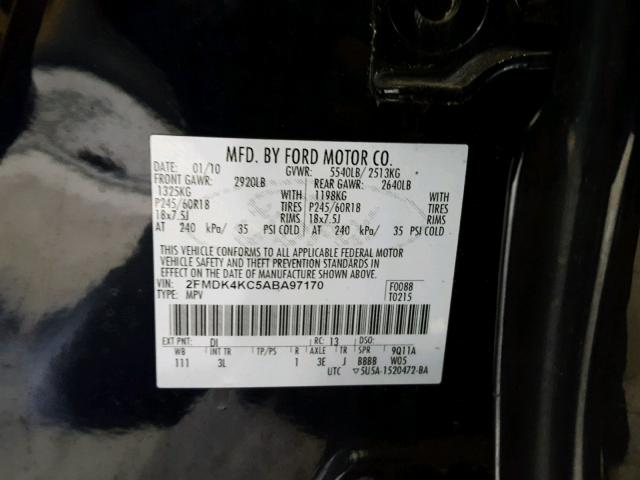 2FMDK4KC5ABA97170 - 2010 FORD EDGE LIMIT BLACK photo 10