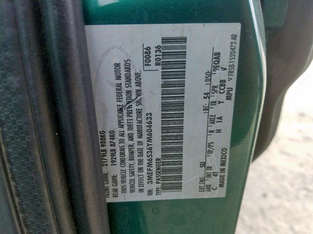 3MEFM6536YM604633 - 2000 MERCURY MYSTIQUE G GREEN photo 10