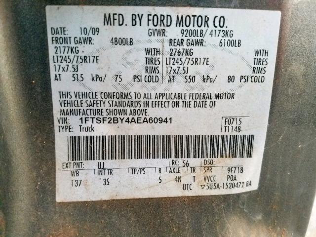 1FTSF2BY4AEA60941 - 2010 FORD F250 SUPER SILVER photo 10