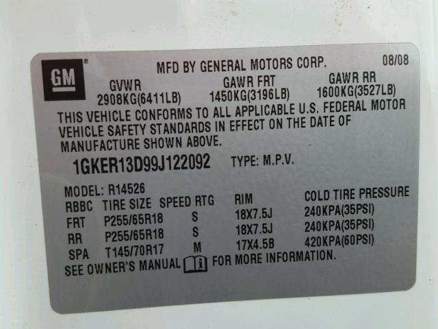 1GKER13D99J122092 - 2009 GMC ACADIA SLE WHITE photo 10