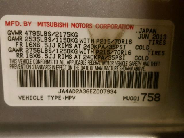 JA4AD2A36EZ007934 - 2014 MITSUBISHI OUTLANDER SILVER photo 10