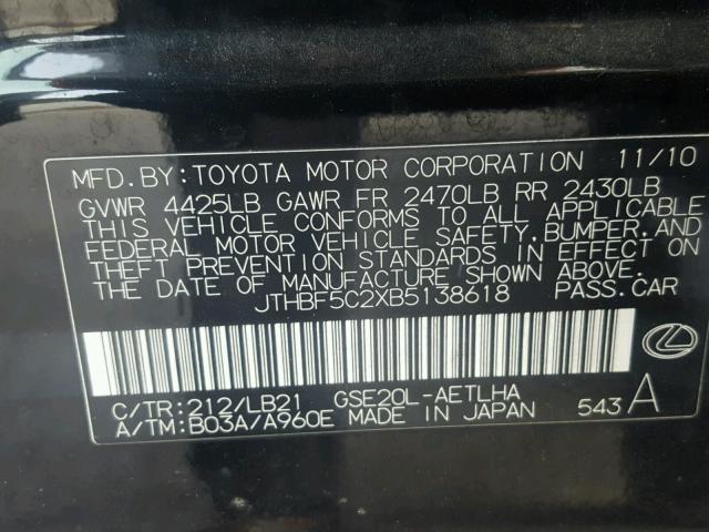 JTHBF5C2XB5138618 - 2011 LEXUS IS 250 BLACK photo 10