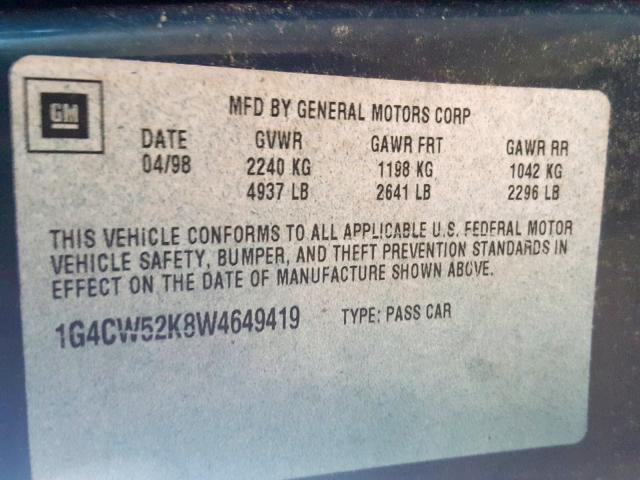 1G4CW52K8W4649419 - 1998 BUICK PARK AVENU GREEN photo 10