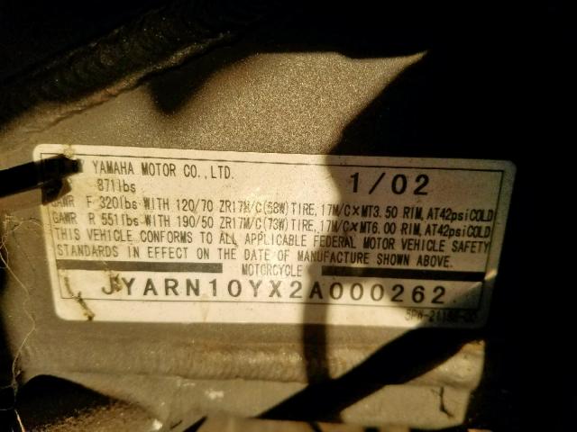 JYARN10YX2A000262 - 2002 YAMAHA YZFR1 BLUE photo 10