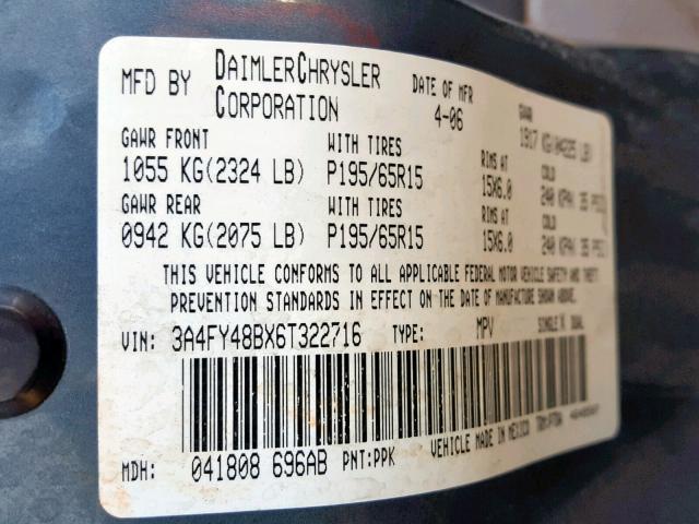 3A4FY48BX6T322716 - 2006 CHRYSLER PT CRUISER BLUE photo 10