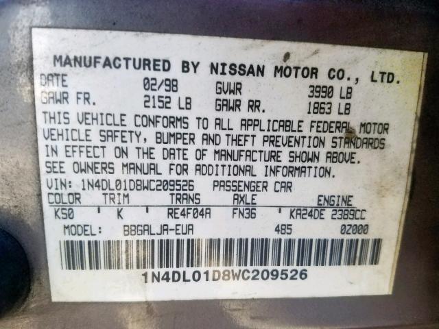 1N4DL01D8WC209526 - 1998 NISSAN ALTIMA XE BROWN photo 10