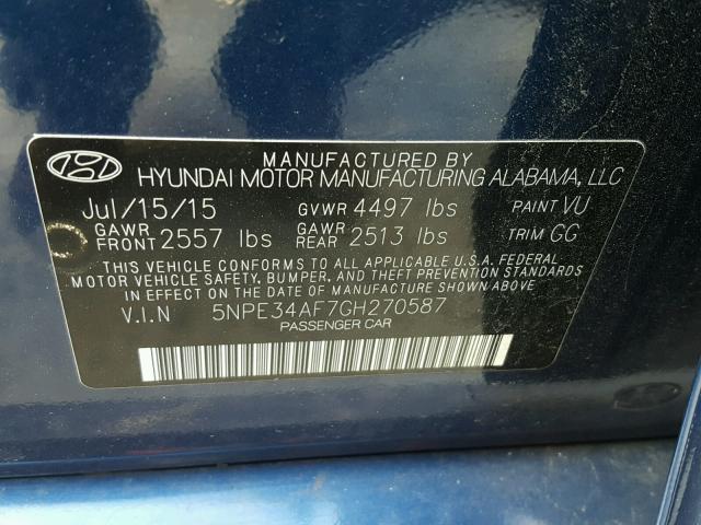 5NPE34AF7GH270587 - 2016 HYUNDAI SONATA SPO BLUE photo 10