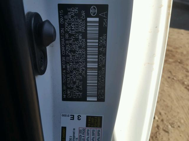 JTKJF5C71GJ017654 - 2016 TOYOTA SCION TC თეთრი ფოტო 10