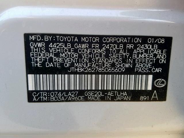 JTHBK262785065609 - 2008 LEXUS IS 250 WHITE photo 10