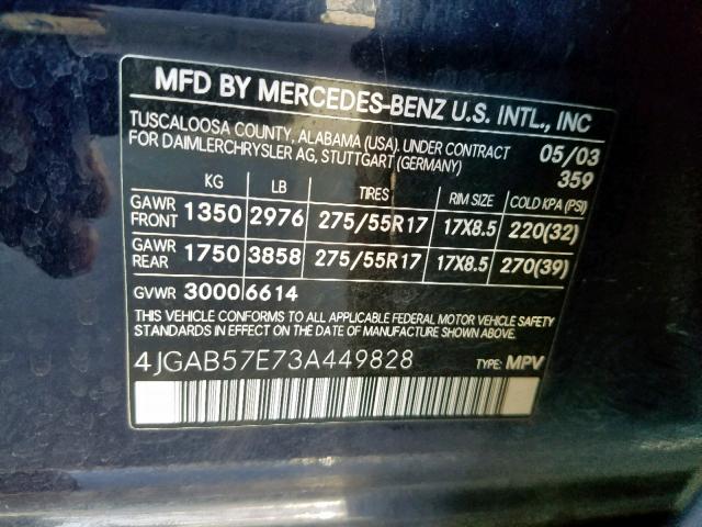 4JGAB57E73A449828 - 2003 MERCEDES-BENZ ML 350 BLUE photo 10