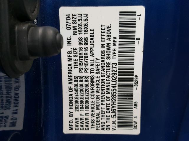 5J6YH28554L029273 - 2004 HONDA ELEMENT EX BLUE photo 10