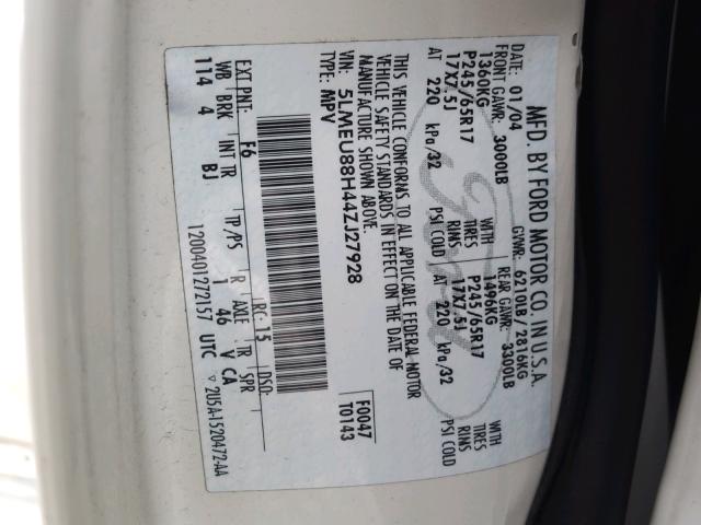 5LMEU88H44ZJ27928 - 2004 LINCOLN AVIATOR 白色 照片 10