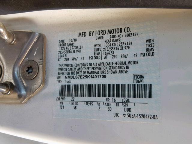 NM0LS7E25K1401709 - 2019 FORD TRANSIT CO WHITE photo 10