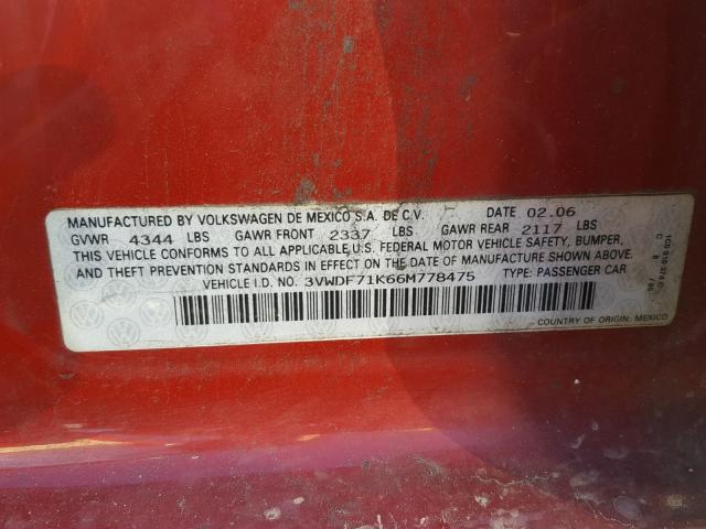 3VWDF71K66M778475 - 2006 VOLKSWAGEN JETTA 2.5L RED photo 10