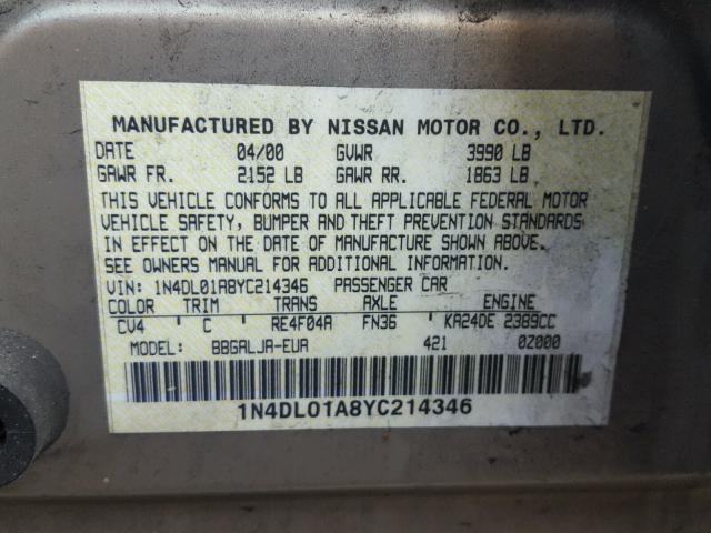 1N4DL01A8YC214346 - 2000 NISSAN ALTIMA XE TAN photo 10