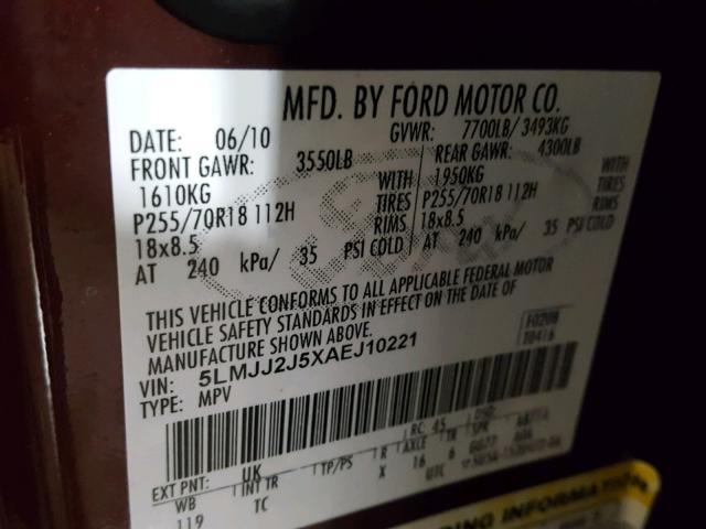 5LMJJ2J5XAEJ10221 - 2010 LINCOLN NAVIGATOR 勃艮第红 照片 10