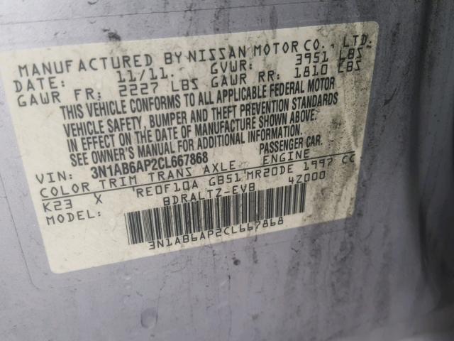 3N1AB6AP2CL667868 - 2012 NISSAN SENTRA 2.0 SILVER photo 10