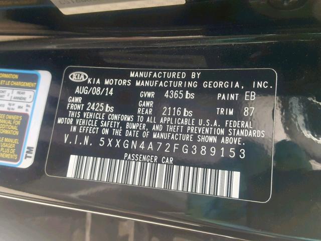 5XXGN4A72FG389153 - 2015 KIA OPTIMA EX BLACK photo 10