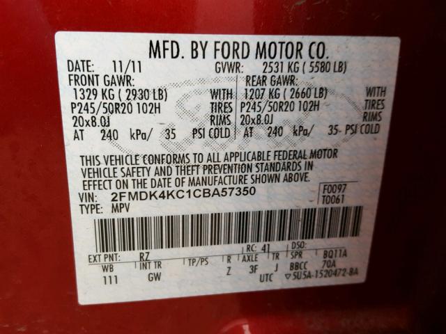 2FMDK4KC1CBA57350 - 2012 FORD EDGE LIMIT RED photo 10