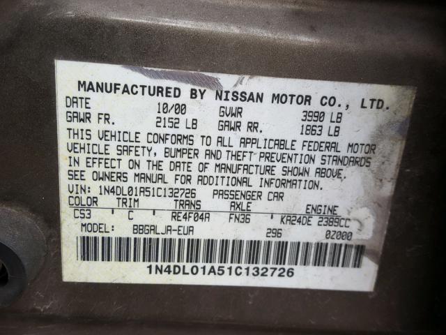 1N4DL01A51C132726 - 2001 NISSAN ALTIMA GXE TAN photo 10